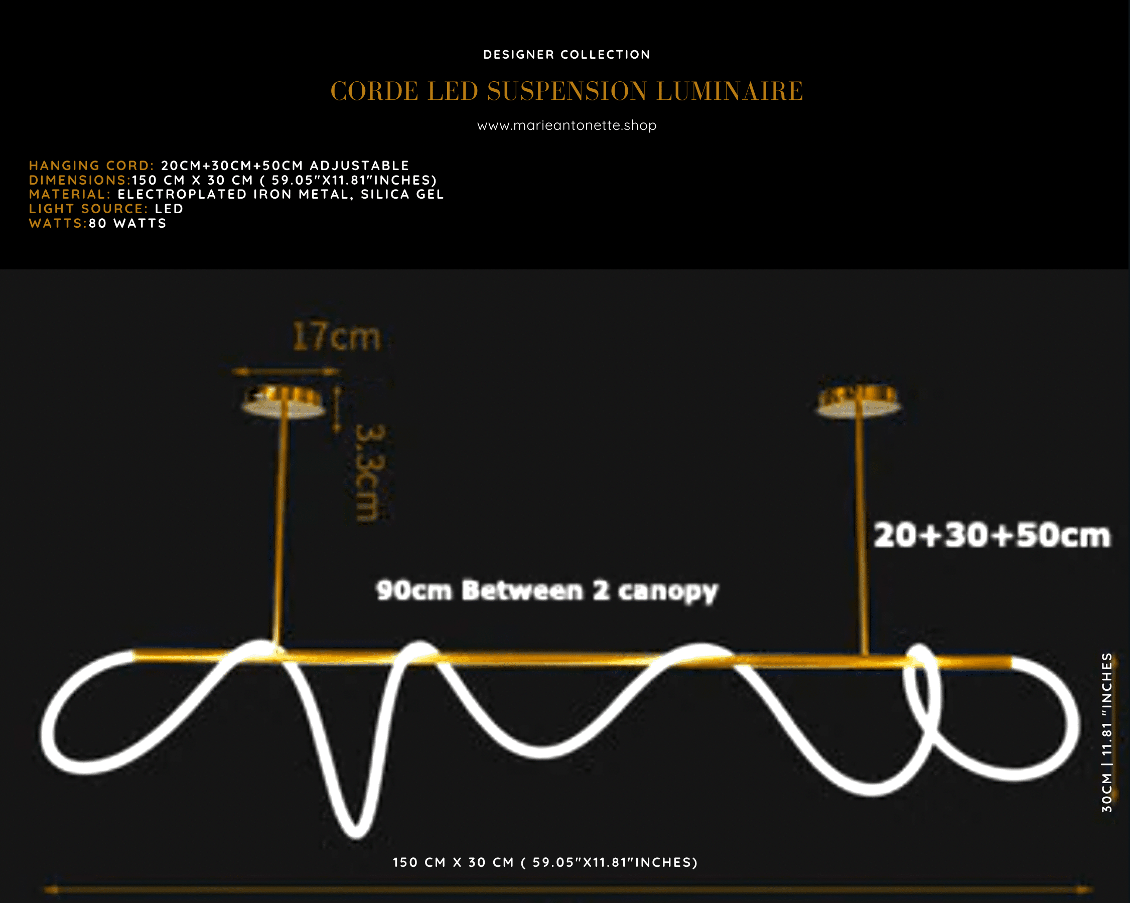 Corde LED Suspension Luminaire Marie Antonette 150cmx30cm| 59.05"x11.81"inches Black Dimmable with remote_Warm white