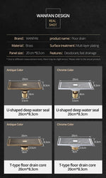 Drains Chrome Brass Bathroom Linear Shower 8*20cm Floor Drain Wire Strainer Art Carved Cover Waste Drain Bathroom Fitting B8029 Marie Antonette 